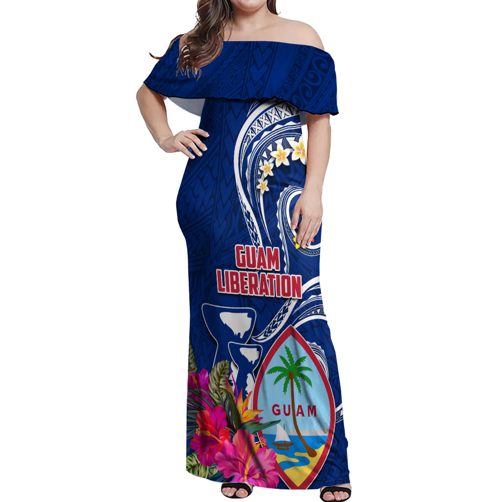 Guam Liberation Off Shoulder Maxi Dress Latte Stone and Guahan Seal Jungle Flower