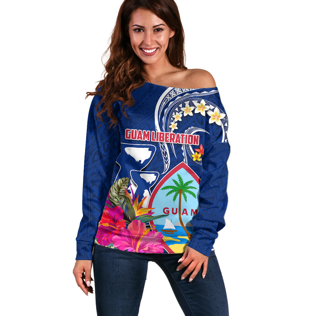 Guam Liberation Off Shoulder Sweater Latte Stone and Guahan Seal Jungle Flower