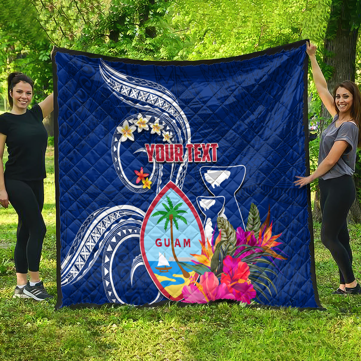 Personalised Guam Liberation Quilt Latte Stone and Guahan Seal Jungle Flower