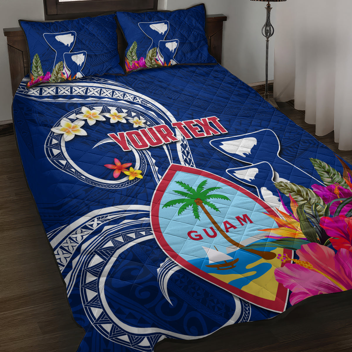 Personalised Guam Liberation Quilt Bed Set Latte Stone and Guahan Seal Jungle Flower