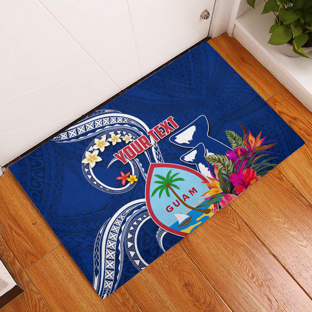 Personalised Guam Liberation Rubber Doormat Latte Stone and Guahan Seal Jungle Flower