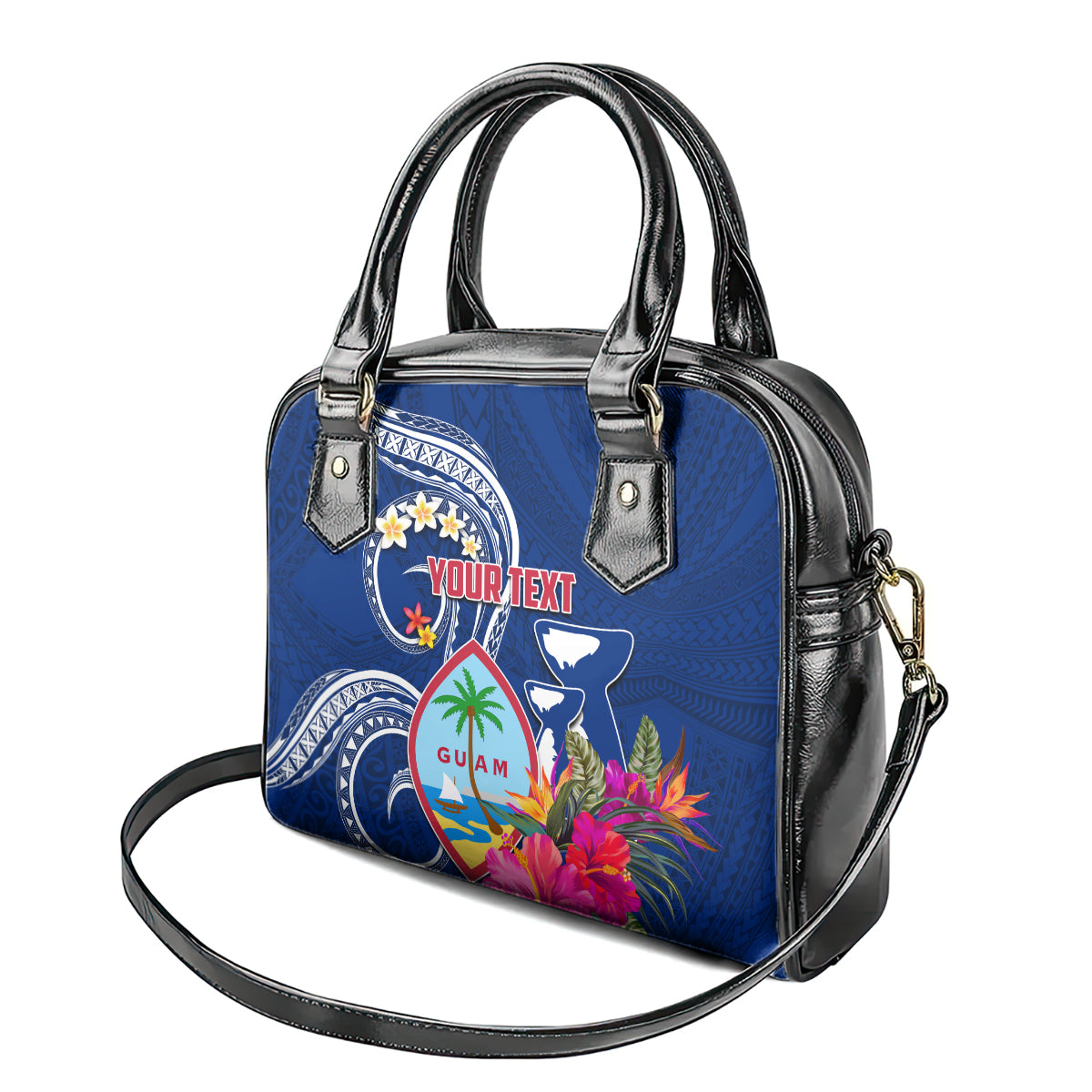 Personalised Guam Liberation Shoulder Handbag Latte Stone and Guahan Seal Jungle Flower