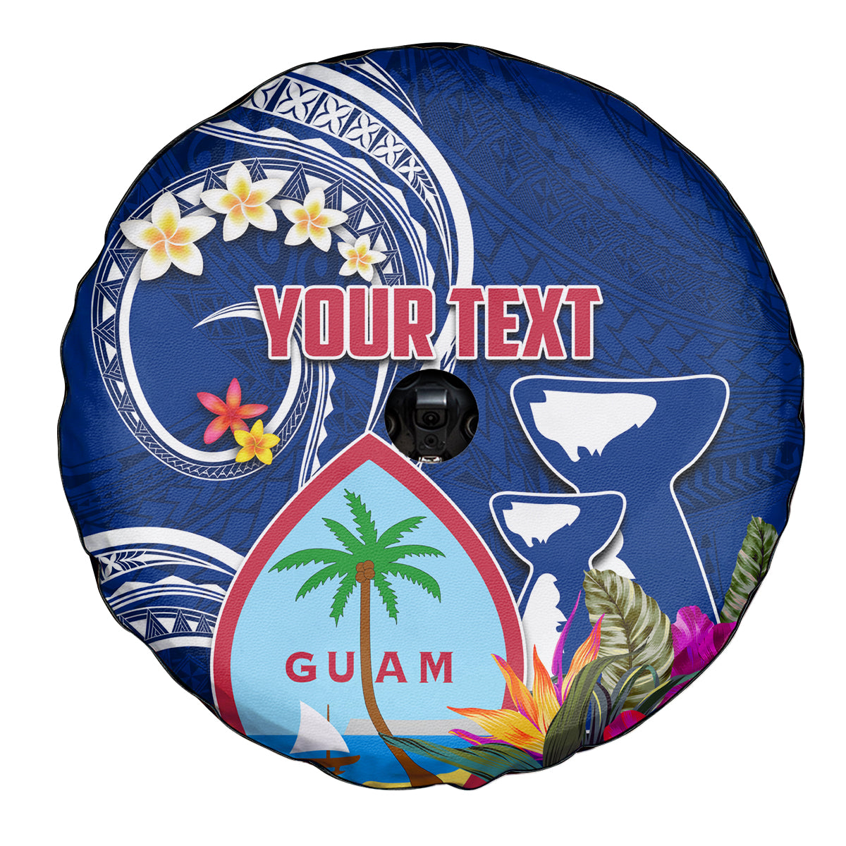 Personalised Guam Liberation Spare Tire Cover Latte Stone and Guahan Seal Jungle Flower