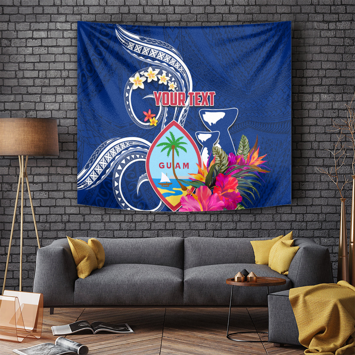 Personalised Guam Liberation Tapestry Latte Stone and Guahan Seal Jungle Flower