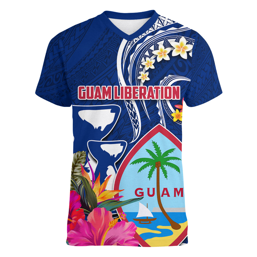 Guam Liberation Women V-Neck T-Shirt Latte Stone and Guahan Seal Jungle Flower