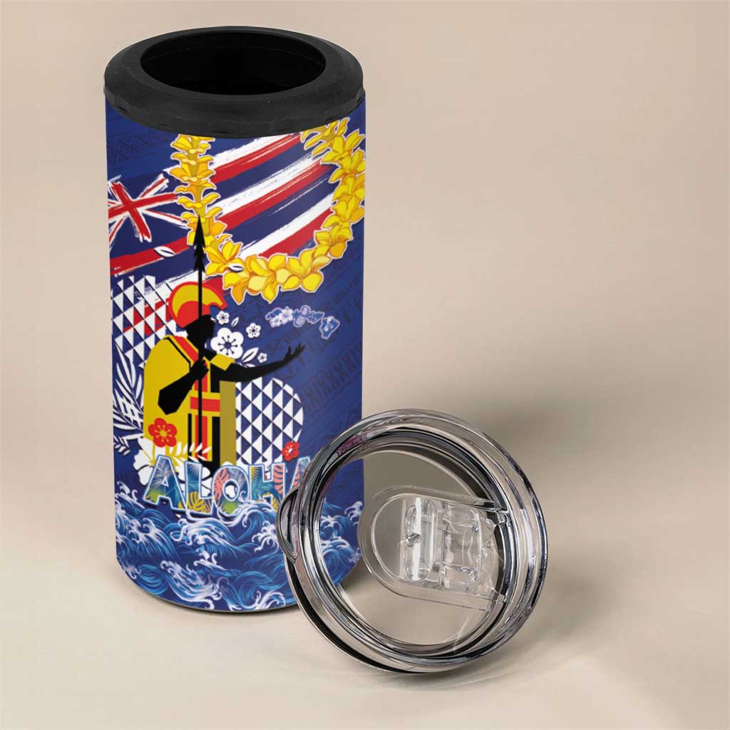 Hawaii King Kamehameha Day 4 in 1 Can Cooler Tumbler Lei Sea Waves Polynesian Tapa Pattern