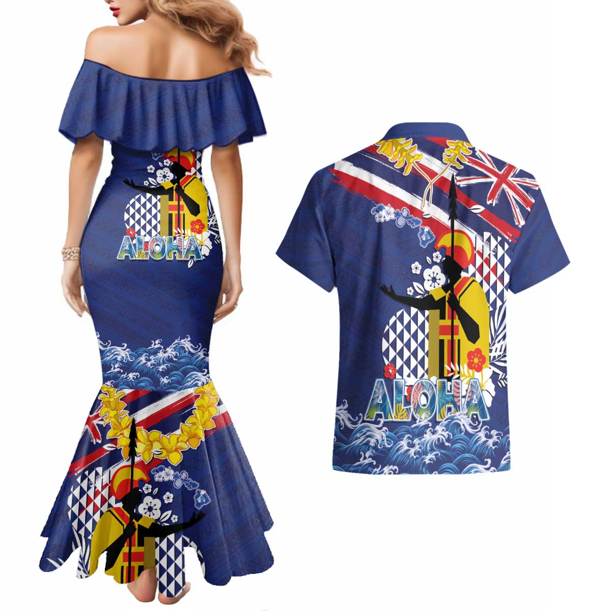 Hawaii King Kamehameha Day Couples Matching Mermaid Dress and Hawaiian Shirt Lei Sea Waves Polynesian Tapa Pattern