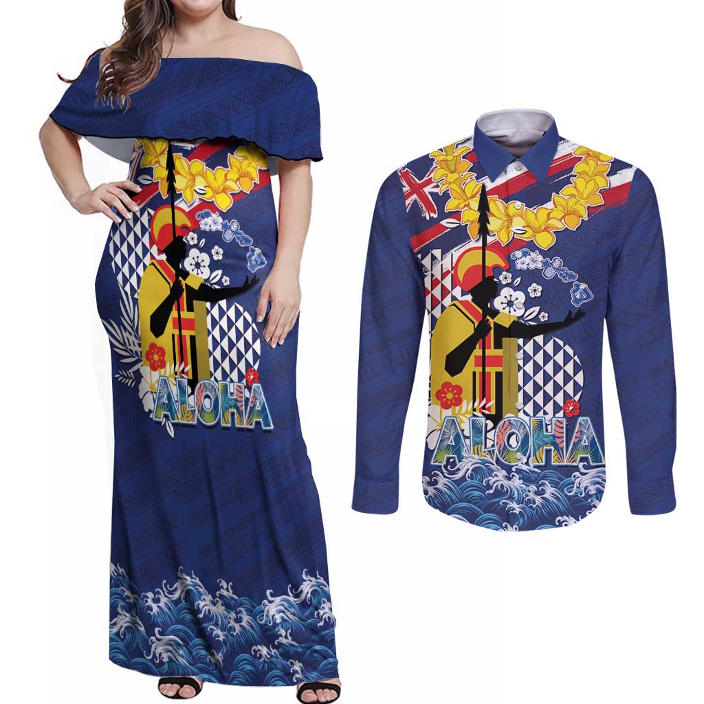 Hawaii King Kamehameha Day Couples Matching Off Shoulder Maxi Dress and Long Sleeve Button Shirt Lei Sea Waves Polynesian Tapa Pattern