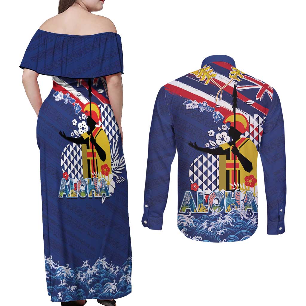 Hawaii King Kamehameha Day Couples Matching Off Shoulder Maxi Dress and Long Sleeve Button Shirt Lei Sea Waves Polynesian Tapa Pattern