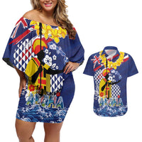 Hawaii King Kamehameha Day Couples Matching Off Shoulder Short Dress and Hawaiian Shirt Lei Sea Waves Polynesian Tapa Pattern