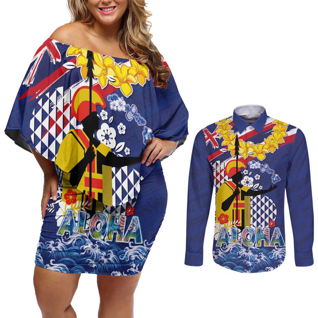 Hawaii King Kamehameha Day Couples Matching Off Shoulder Short Dress and Long Sleeve Button Shirt Lei Sea Waves Polynesian Tapa Pattern