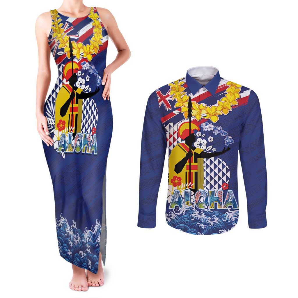 Hawaii King Kamehameha Day Couples Matching Tank Maxi Dress and Long Sleeve Button Shirt Lei Sea Waves Polynesian Tapa Pattern