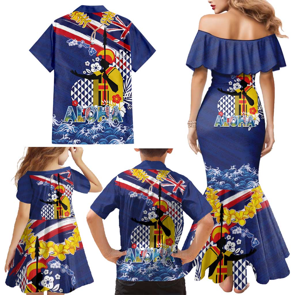 Hawaii King Kamehameha Day Family Matching Mermaid Dress and Hawaiian Shirt Lei Sea Waves Polynesian Tapa Pattern