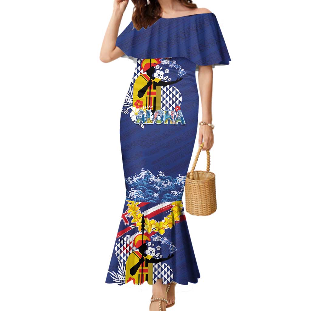 Hawaii King Kamehameha Day Family Matching Mermaid Dress and Hawaiian Shirt Lei Sea Waves Polynesian Tapa Pattern