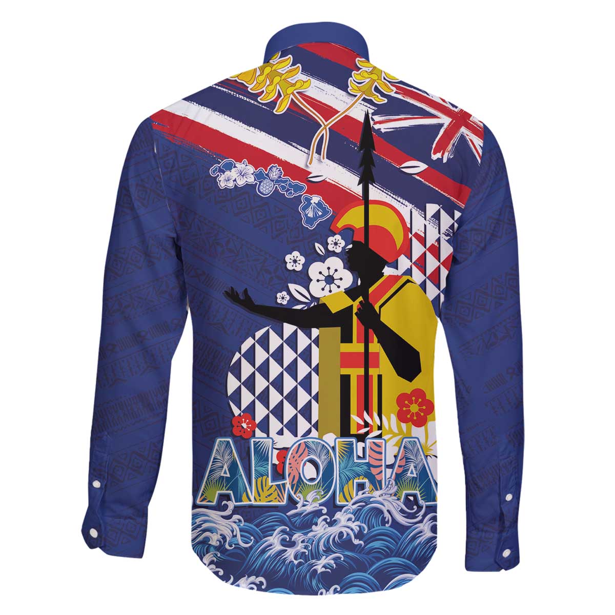 Hawaii King Kamehameha Day Family Matching Off The Shoulder Long Sleeve Dress and Hawaiian Shirt Lei Sea Waves Polynesian Tapa Pattern