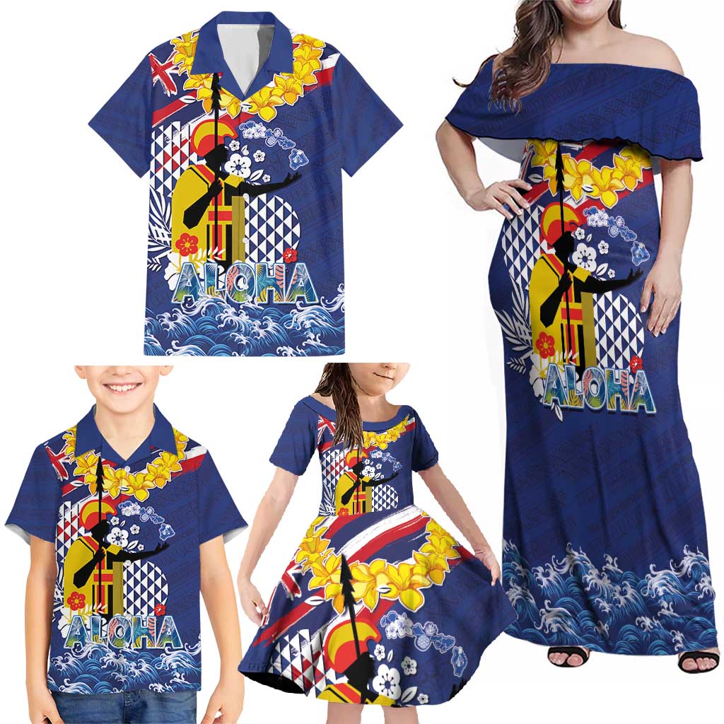 Hawaii King Kamehameha Day Family Matching Off Shoulder Maxi Dress and Hawaiian Shirt Lei Sea Waves Polynesian Tapa Pattern