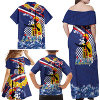 Hawaii King Kamehameha Day Family Matching Off Shoulder Maxi Dress and Hawaiian Shirt Lei Sea Waves Polynesian Tapa Pattern