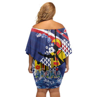 Hawaii King Kamehameha Day Family Matching Off Shoulder Short Dress and Hawaiian Shirt Lei Sea Waves Polynesian Tapa Pattern
