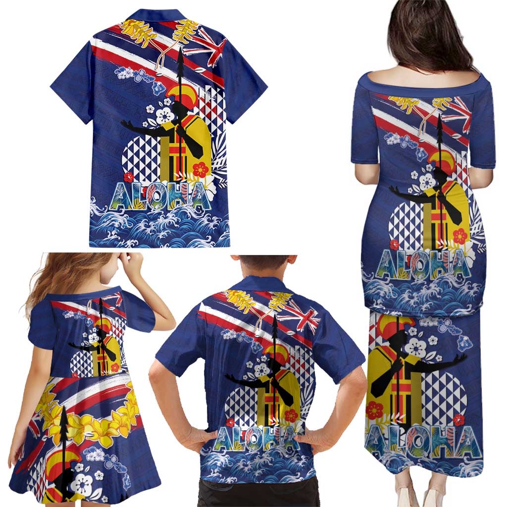 Hawaii King Kamehameha Day Family Matching Puletasi and Hawaiian Shirt Lei Sea Waves Polynesian Tapa Pattern