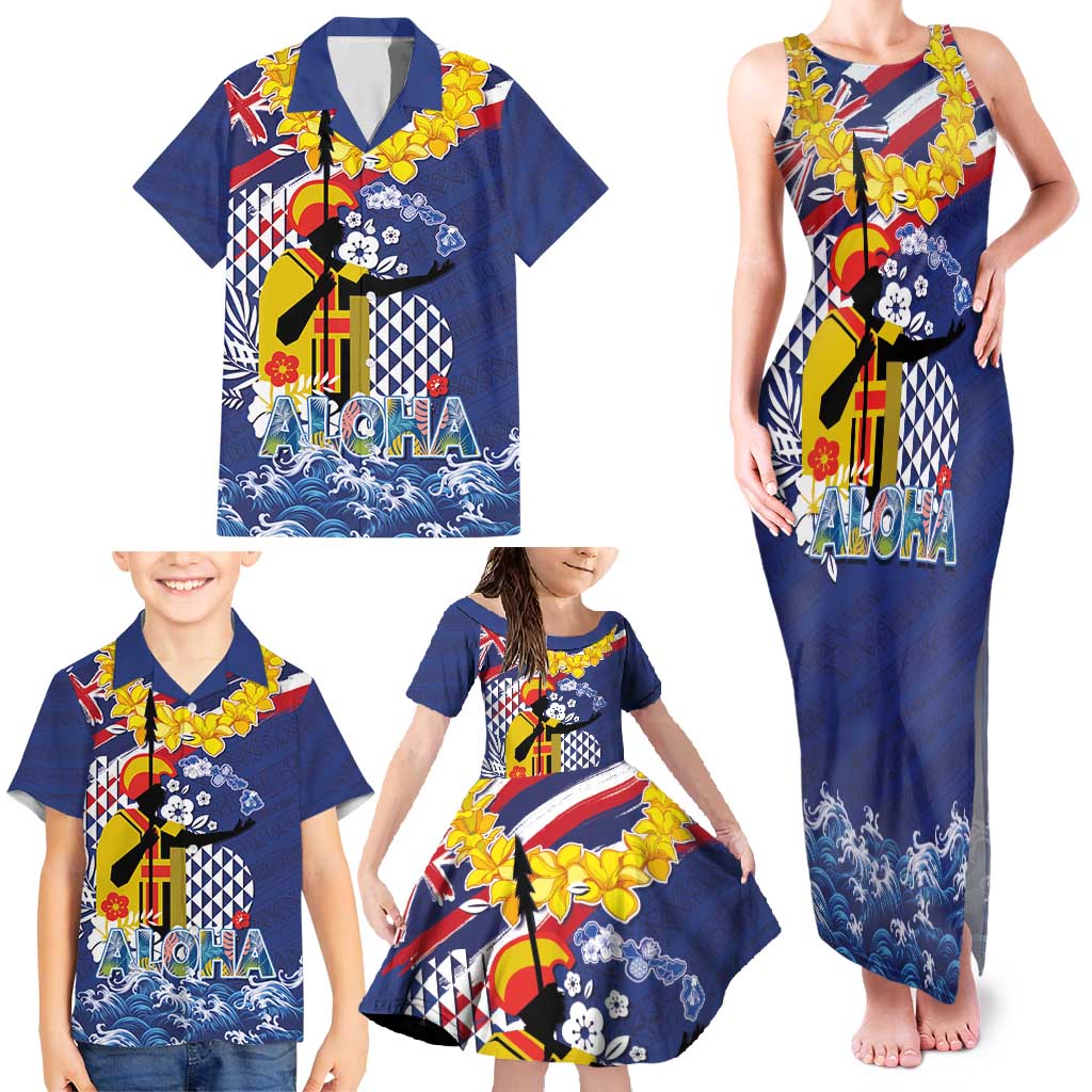 Hawaii King Kamehameha Day Family Matching Tank Maxi Dress and Hawaiian Shirt Lei Sea Waves Polynesian Tapa Pattern