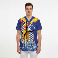 Hawaii King Kamehameha Day Scrub Top Lei Sea Waves Polynesian Tapa Pattern - Polynesian Pride