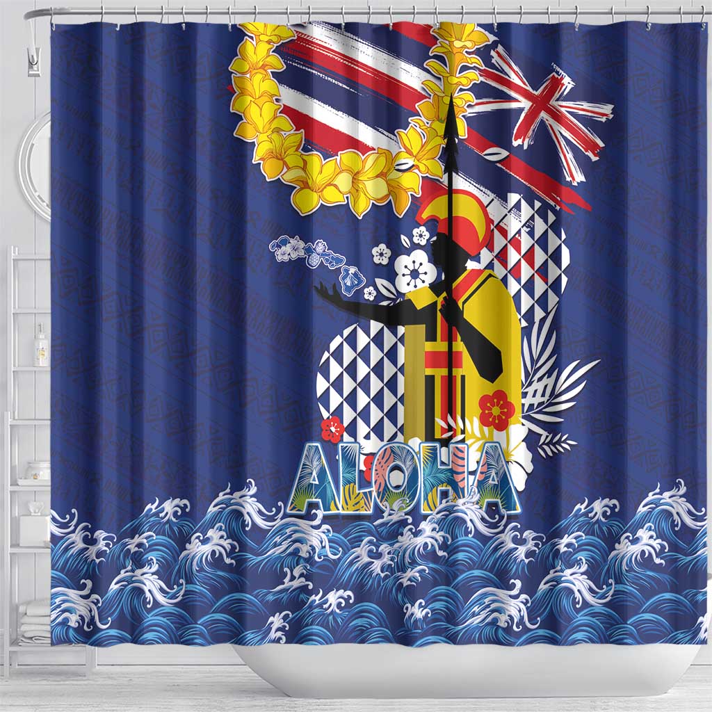 Hawaii King Kamehameha Day Shower Curtain Lei Sea Waves Polynesian Tapa Pattern