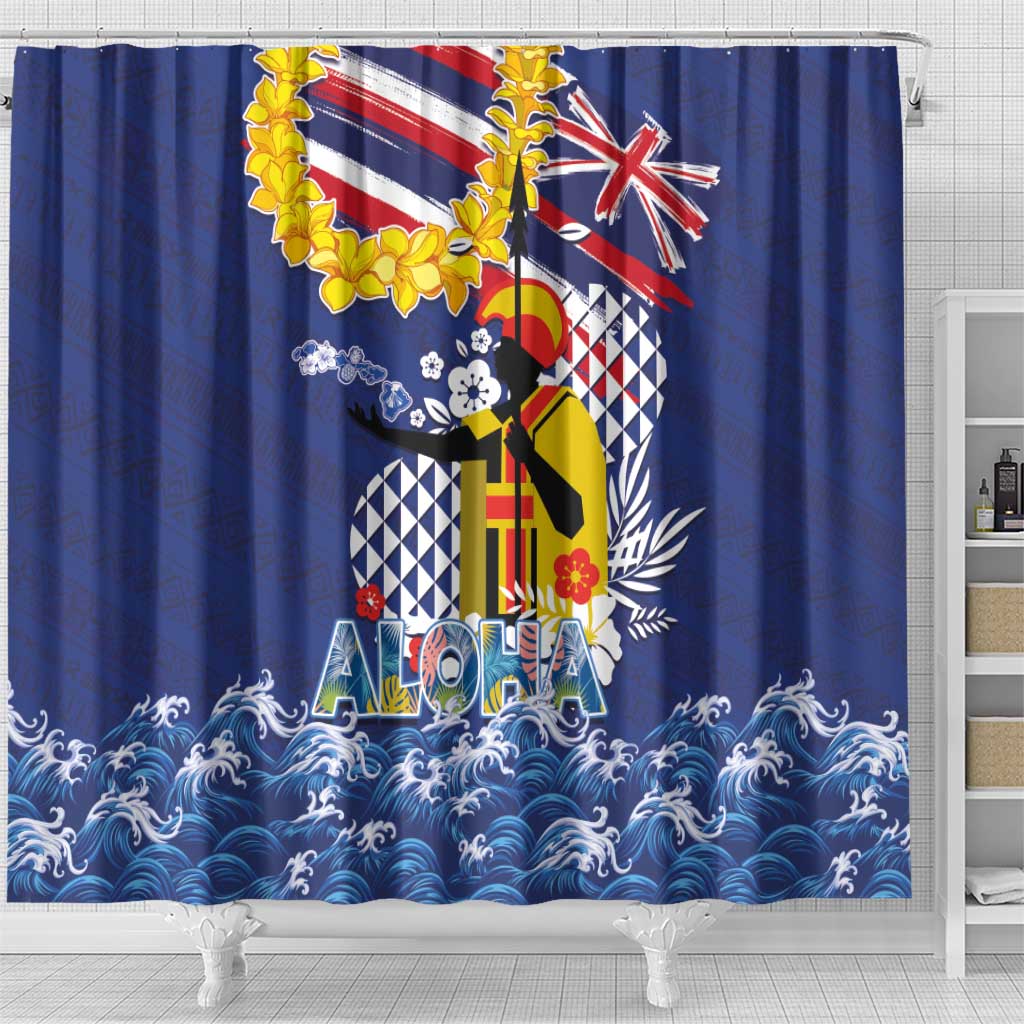 Hawaii King Kamehameha Day Shower Curtain Lei Sea Waves Polynesian Tapa Pattern