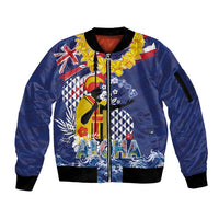 Hawaii King Kamehameha Day Sleeve Zip Bomber Jacket Lei Sea Waves Polynesian Tapa Pattern