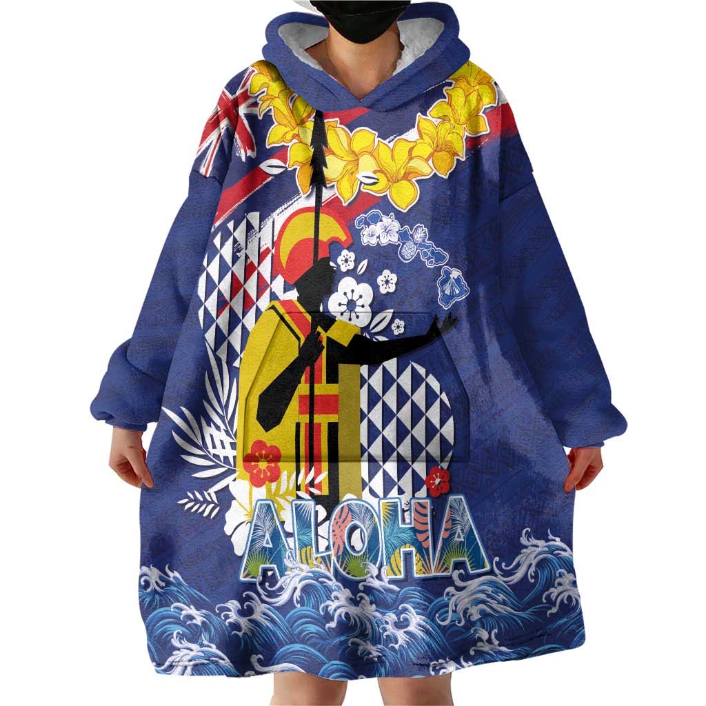 Hawaii King Kamehameha Day Wearable Blanket Hoodie Lei Sea Waves Polynesian Tapa Pattern