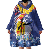 Hawaii King Kamehameha Day Wearable Blanket Hoodie Lei Sea Waves Polynesian Tapa Pattern