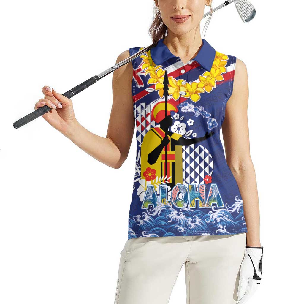 Hawaii King Kamehameha Day Women Sleeveless Polo Shirt Lei Sea Waves Polynesian Tapa Pattern