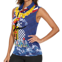Hawaii King Kamehameha Day Women Sleeveless Polo Shirt Lei Sea Waves Polynesian Tapa Pattern