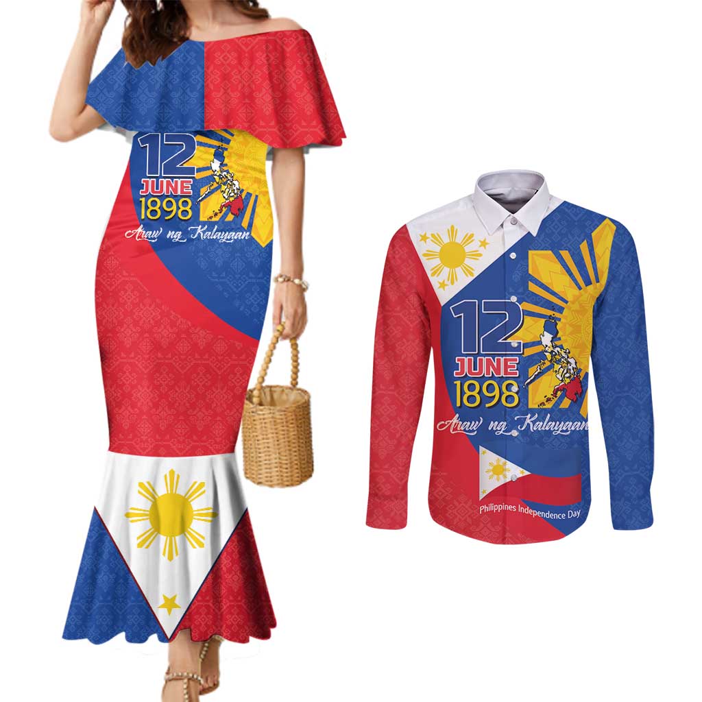 Philippines Independence Day Couples Matching Mermaid Dress and Long Sleeve Button Shirt Araw ng Kalayaan Polynesian Sun and YAKAN Pattern