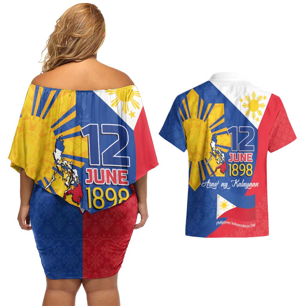 Philippines Independence Day Couples Matching Off Shoulder Short Dress and Hawaiian Shirt Araw ng Kalayaan Polynesian Sun and YAKAN Pattern