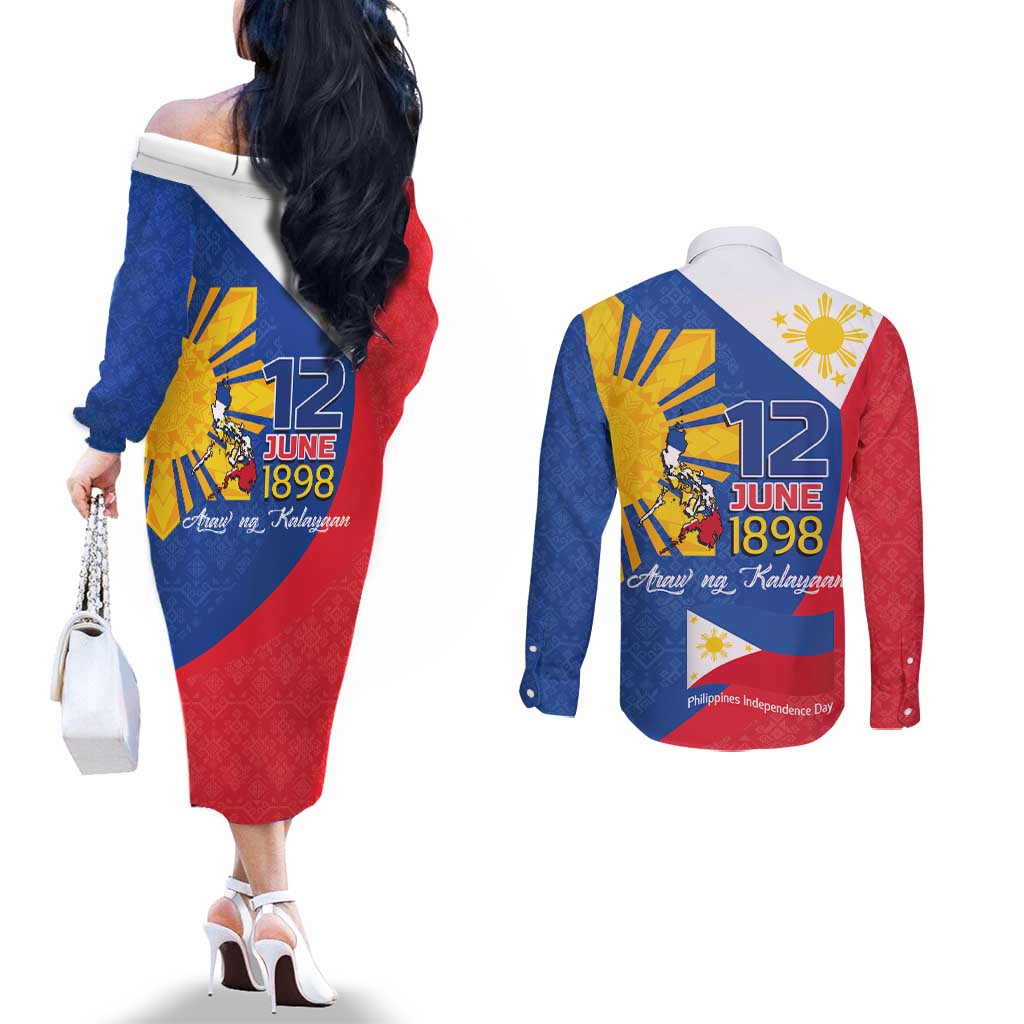 Philippines Independence Day Couples Matching Off The Shoulder Long Sleeve Dress and Long Sleeve Button Shirt Araw ng Kalayaan Polynesian Sun and YAKAN Pattern