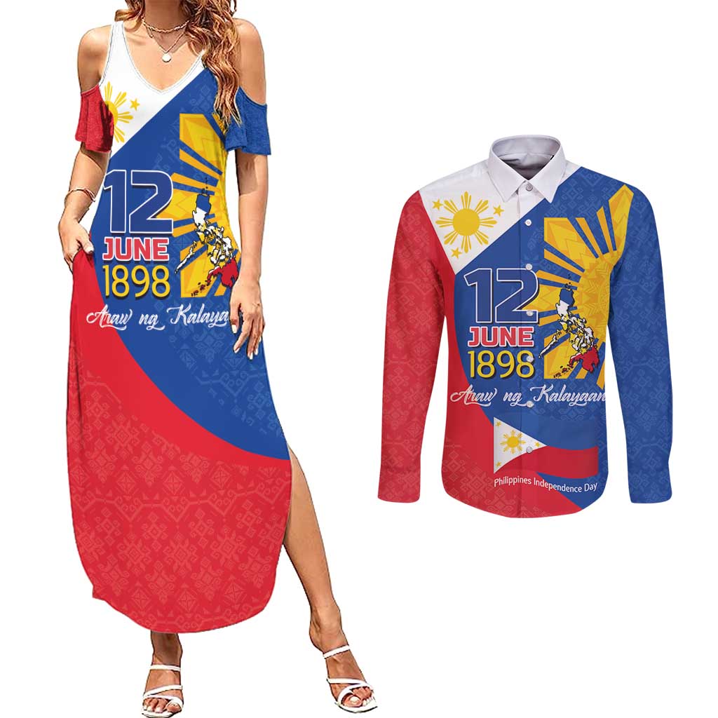 Philippines Independence Day Couples Matching Summer Maxi Dress and Long Sleeve Button Shirt Araw ng Kalayaan Polynesian Sun and YAKAN Pattern