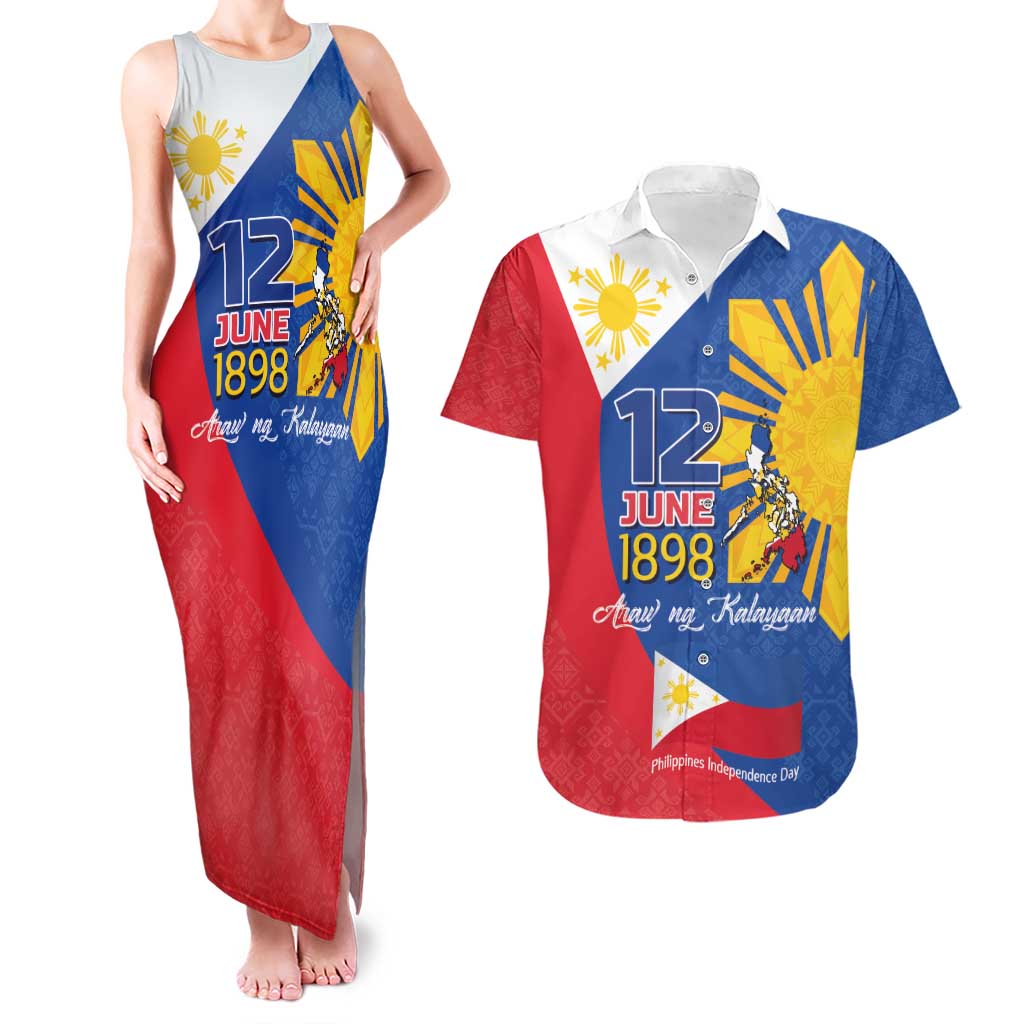 Philippines Independence Day Couples Matching Tank Maxi Dress and Hawaiian Shirt Araw ng Kalayaan Polynesian Sun and YAKAN Pattern