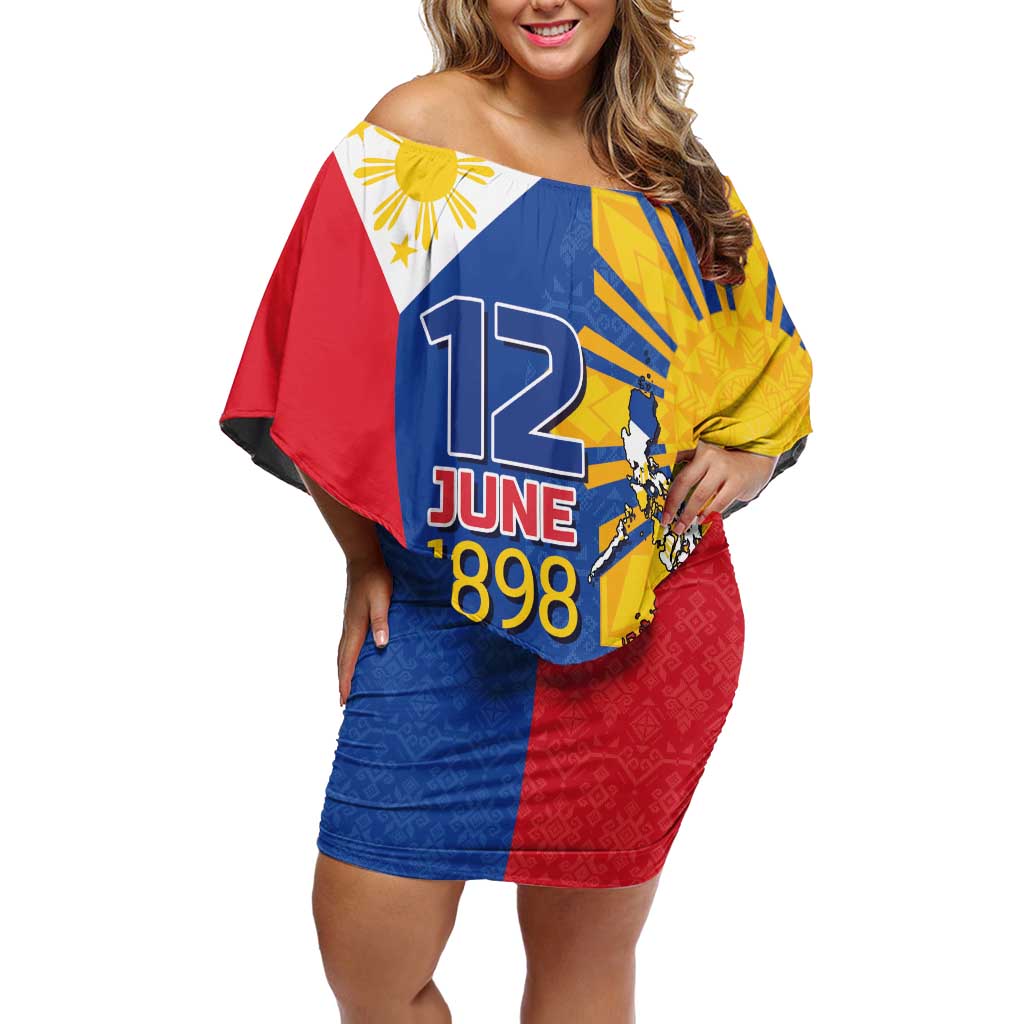 Philippines Independence Day Family Matching Off Shoulder Short Dress and Hawaiian Shirt Araw ng Kalayaan Polynesian Sun and YAKAN Pattern