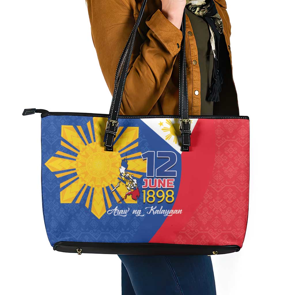 Philippines Independence Day Leather Tote Bag Araw ng Kalayaan Polynesian Sun and YAKAN Pattern