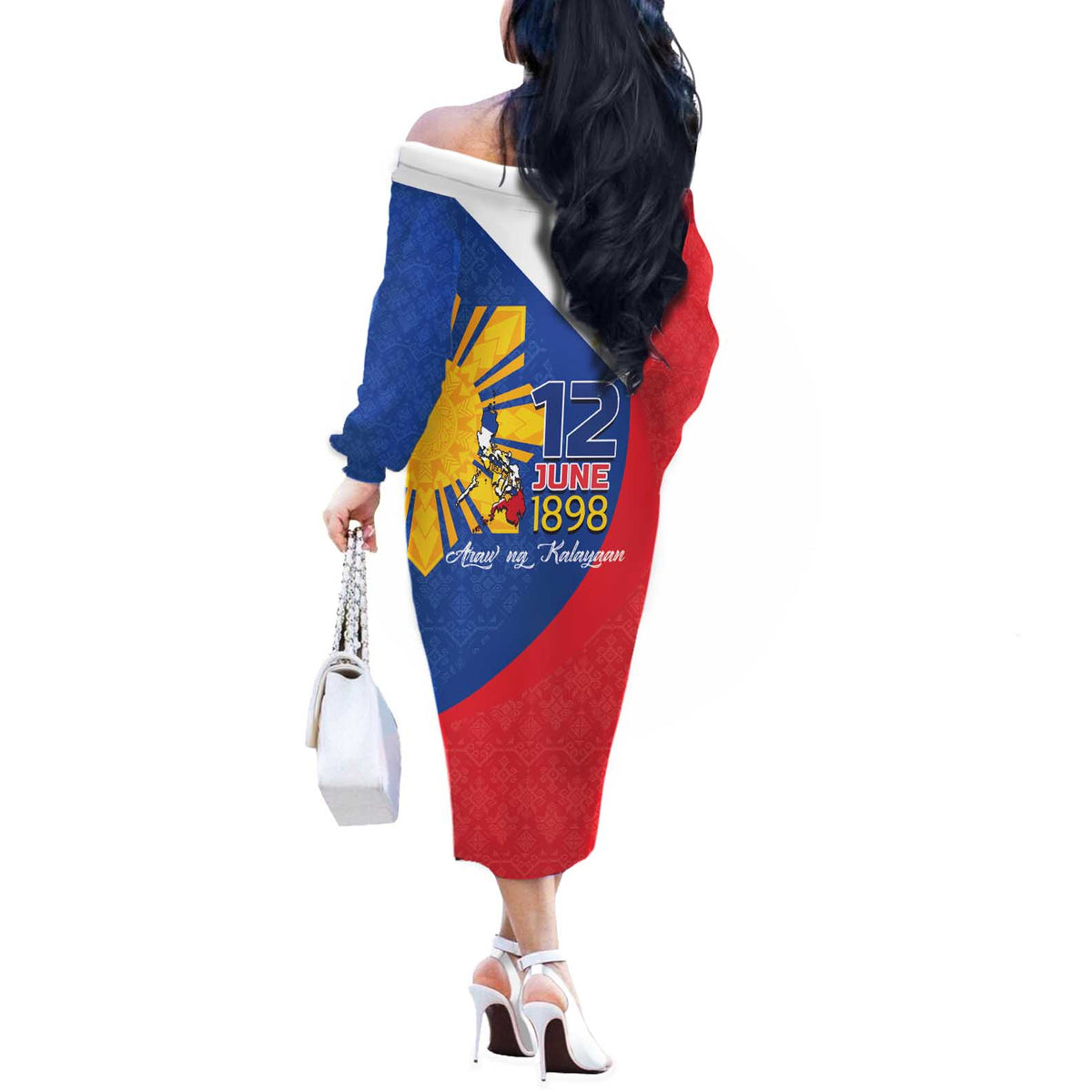 Philippines Independence Day Off The Shoulder Long Sleeve Dress Araw ng Kalayaan Polynesian Sun and YAKAN Pattern