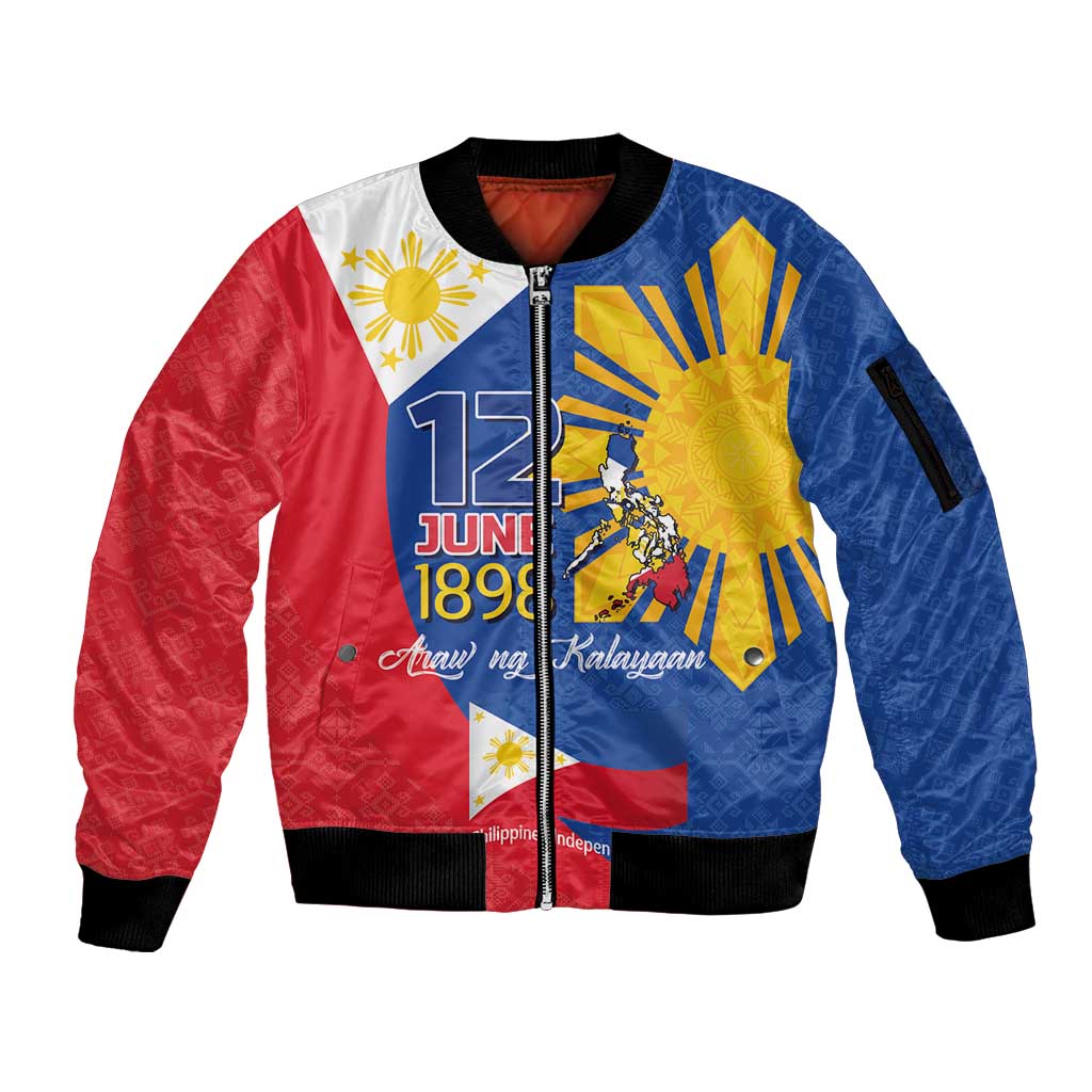 Philippines Independence Day Sleeve Zip Bomber Jacket Araw ng Kalayaan Polynesian Sun and YAKAN Pattern