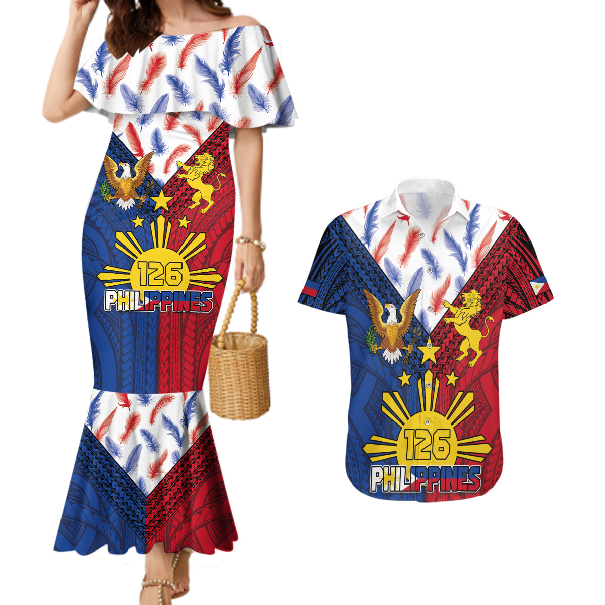 Philippines Independence Day 126th Anniversary Couples Matching Mermaid Dress and Hawaiian Shirt Polynesian Pattern National Flag Style