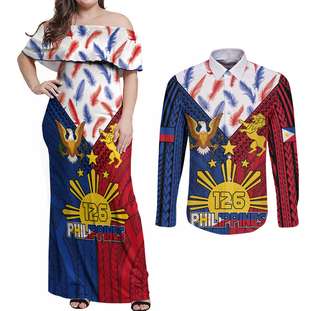 Philippines Independence Day 126th Anniversary Couples Matching Off Shoulder Maxi Dress and Long Sleeve Button Shirt Polynesian Pattern National Flag Style