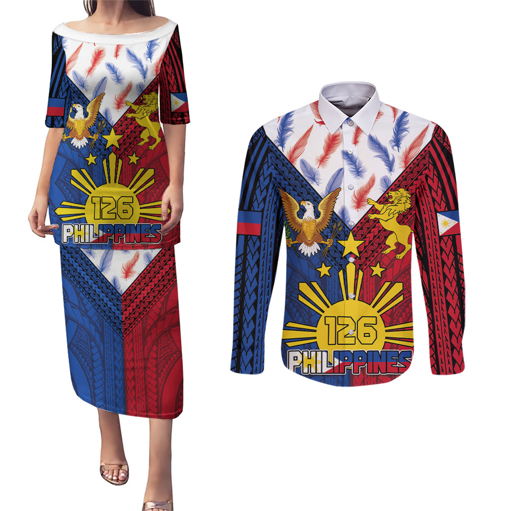 Philippines Independence Day 126th Anniversary Couples Matching Puletasi and Long Sleeve Button Shirt Polynesian Pattern National Flag Style