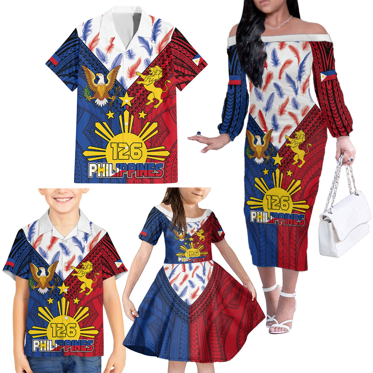 Philippines Independence Day 126th Anniversary Family Matching Off The Shoulder Long Sleeve Dress and Hawaiian Shirt Polynesian Pattern National Flag Style