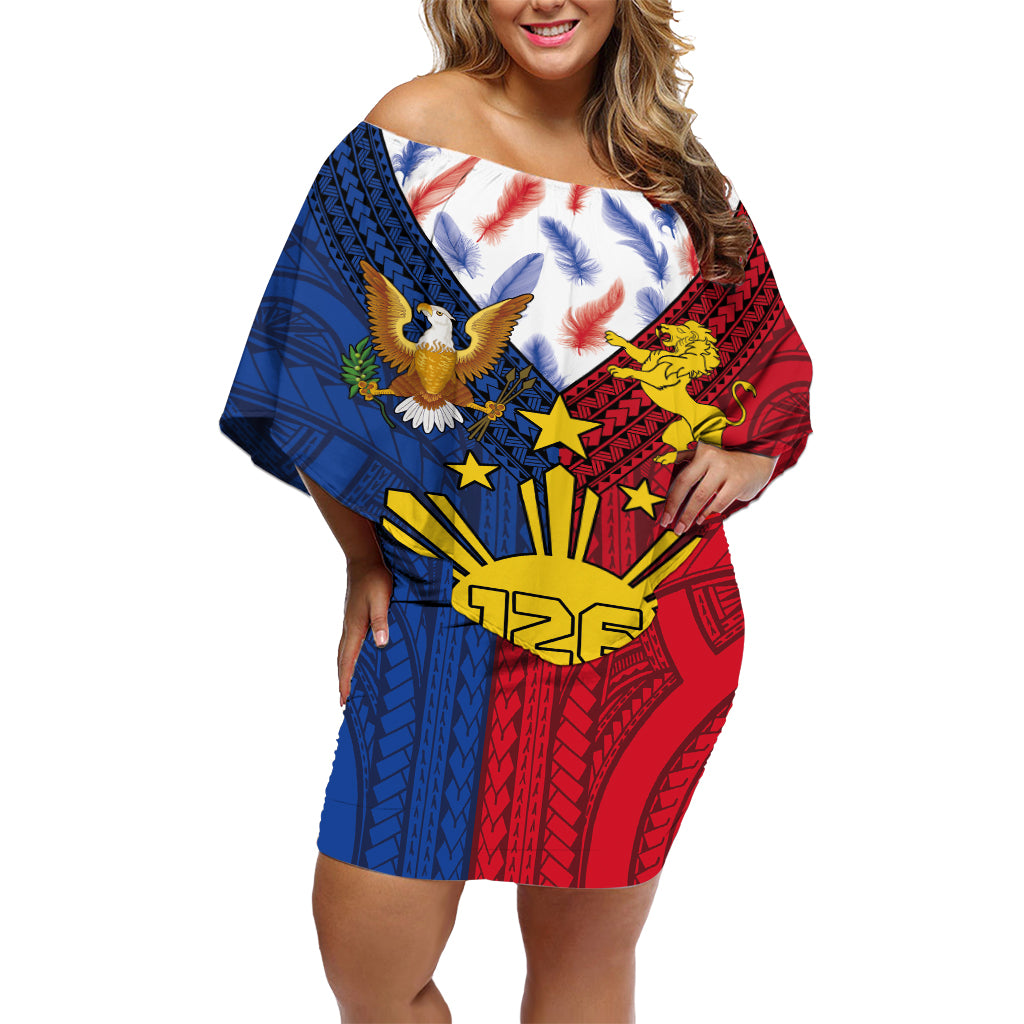 Philippines Independence Day 126th Anniversary Off Shoulder Short Dress Polynesian Pattern National Flag Style