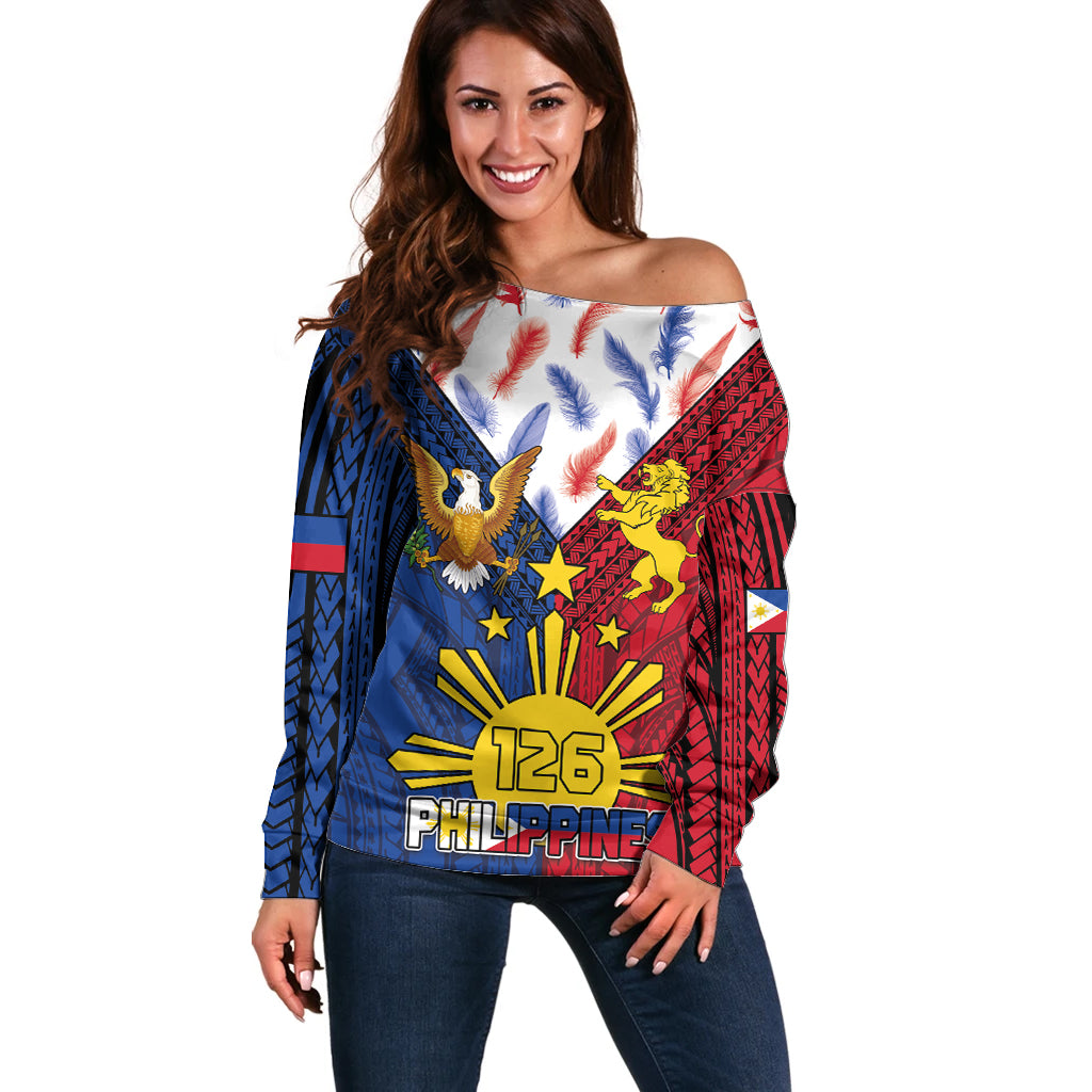 Philippines Independence Day 126th Anniversary Off Shoulder Sweater Polynesian Pattern National Flag Style