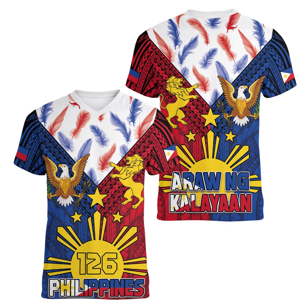 Philippines Independence Day 126th Anniversary Women V-Neck T-Shirt Polynesian Pattern National Flag Style