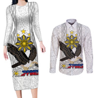 Philippines Eagle Week Couples Matching Long Sleeve Bodycon Dress and Long Sleeve Button Shirt Polynesian Pattern Barong Style