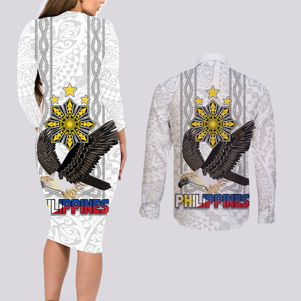 Philippines Eagle Week Couples Matching Long Sleeve Bodycon Dress and Long Sleeve Button Shirt Polynesian Pattern Barong Style
